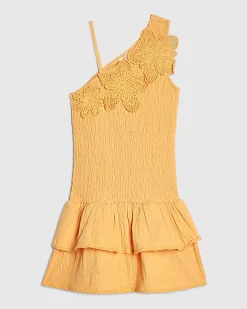Girls Orange Asymmetric Crochet Flower Dress