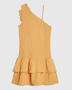Girls Orange Asymmetric Crochet Flower Dress