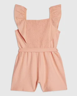 Girls Orange Shirred Floral Playsuit