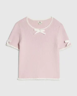 Girls Pink Bow Ruffle Trim Knitted T-Shirt