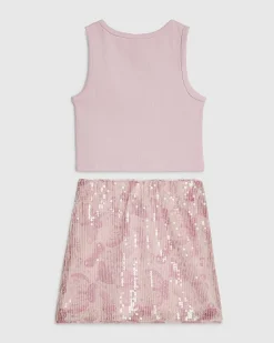 Girls Pink Butterfly Sequin Skirt Set