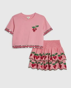 Girls Pink Cherry T-Shirt And Skirt Set