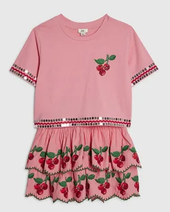 Girls Pink Cherry T-Shirt And Skirt Set