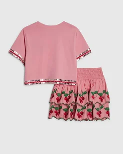 Girls Pink Cherry T-Shirt And Skirt Set
