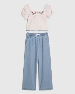 Girls Pink Collared Top And Jeans Set