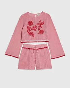 Girls Pink Crochet Shorts Set