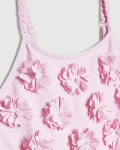 Girls Pink 3D Floral Swimsuit