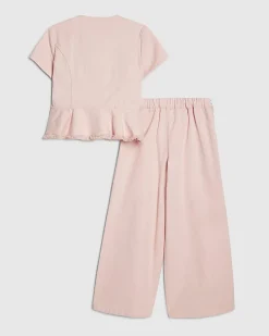 Girls Pink Denim Peplum Top Set