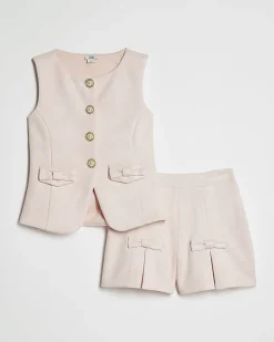 Girls Pink Faux Suede Waistcoat Set