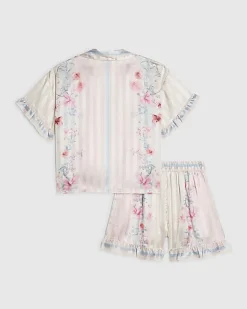 Girls Pink Floral Border Satin Pyjamas Set