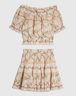 Girls Pink Floral Ditsy Top and Skirt Set