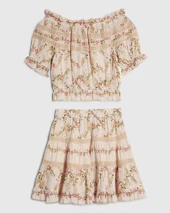 Girls Pink Floral Ditsy Top and Skirt Set