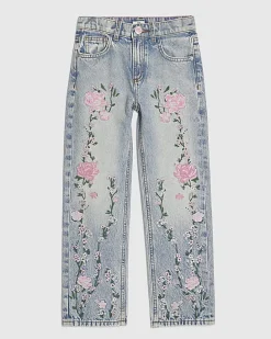 Girls Pink Floral Embroidered Straight Jeans