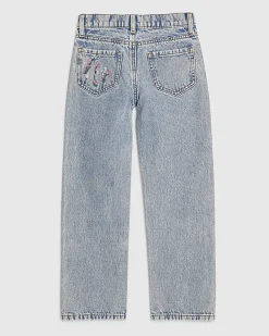 Girls Pink Floral Embroidered Straight Jeans