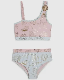 Girls Pink Foil Shell Asymmetric Bikini Set