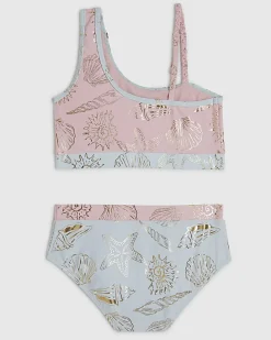 Girls Pink Foil Shell Asymmetric Bikini Set