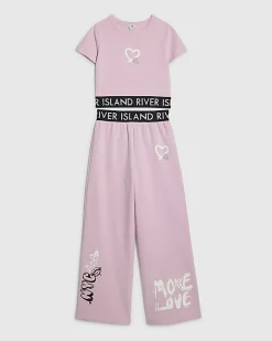 Girls Pink Graffiti Wide Leg Trousers Set