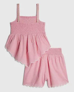 Girls Pink Hanky Hem Embellished Top Set