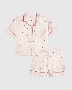 Girls Pink Heart Embroidered Satin Pyjamas