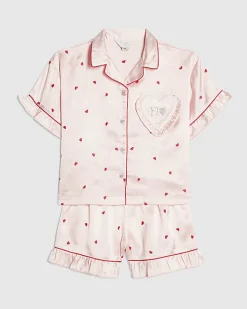 Girls Pink Heart Embroidered Satin Pyjamas