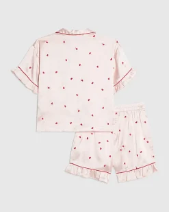 Girls Pink Heart Embroidered Satin Pyjamas