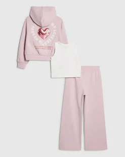 Girls Pink Heart Graphic Hoodie Set