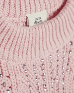 Girls Pink Knitted Diamante Dress