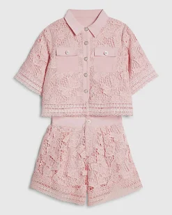 Girls Pink Lace Blouse And Shorts Set
