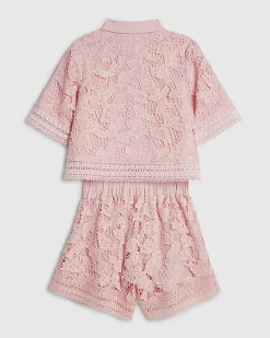 Girls Pink Lace Blouse And Shorts Set