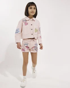 Girls Pink Love Heart Denim Jacket