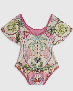 Girls Pink Palm Tree Print Swimsuit