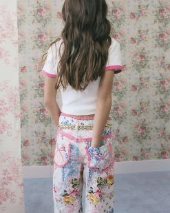Girls Pink Patchwork Straight Leg Jeans