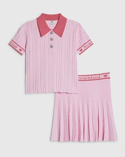 Girls Pink Polo Shirt And Skirt Set