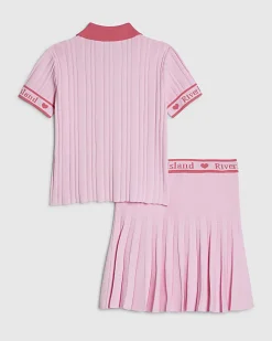 Girls Pink Polo Shirt And Skirt Set