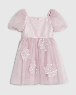 Girls Pink Puff Sleeve Floral Tulle Dress