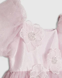 Girls Pink Puff Sleeve Floral Tulle Dress