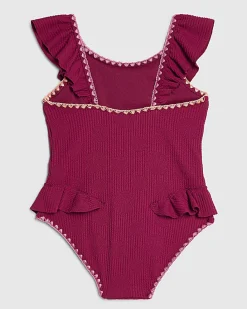 Girls Pink Shell Texture Belt Swimsuit