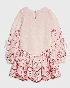 Girls Pink Shirred Long Sleeve Dress