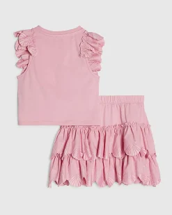 Girls Pink Sleeveless Top And Shell Skirt Set