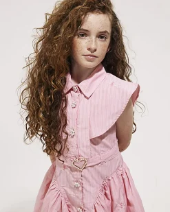 Girls Pink Stripe Belted Dress