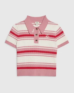 Girls Pink Stripe Cherry Bow Polo Shirt