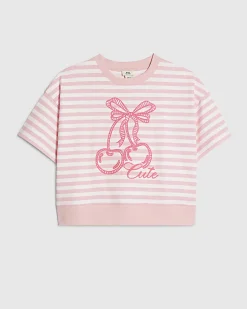 Girls Pink Stripe Cherry Bow T-Shirt