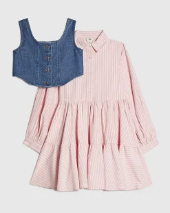 Girls Pink Stripe Hybrid Shirt Dress
