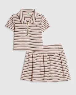 Girls Pink Stripe Polo Shirt And Skirt Set