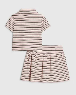 Girls Pink Stripe Polo Shirt And Skirt Set