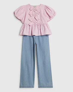 Girls Pink Stripe Top And Jeans Set