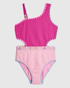 Girls Pink Textured Asymmetric Swimsuit