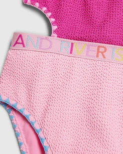 Girls Pink Textured Asymmetric Swimsuit