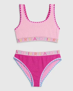 Girls Pink Textured Elastic Bikini Set