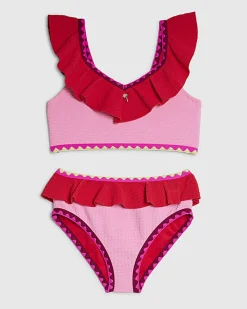 Girls Pink Textured Frill Bikini Set